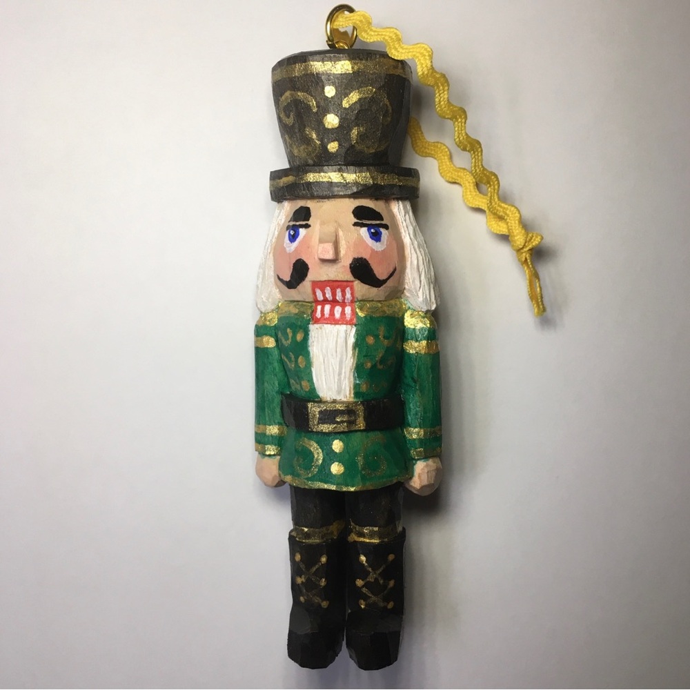 Hand Carved Green and Gold Nutcracker Ornament